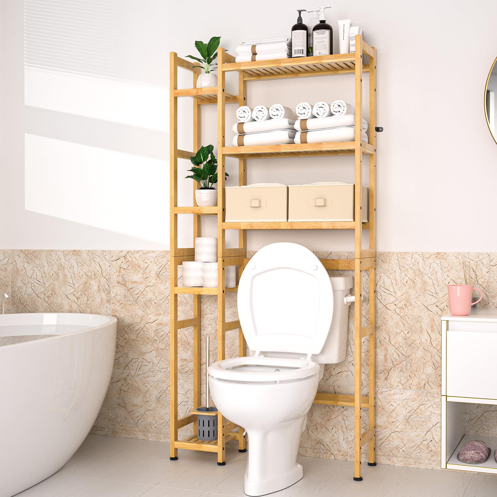 Yorbay Estantería para inodoro con 2 cestas, estantería de baño de bambú, 3 niveles ajustable, con almohadilla impermeable para los pies, multifuncional, ahorra espacio, fácil montaje (natural)
