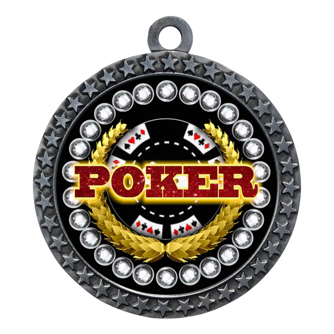 10 Pack of Poker Silver 2.25 Inch Medals Trophy Awards with Red White Blue Neck Ribbons D212S-FCL529-10PK