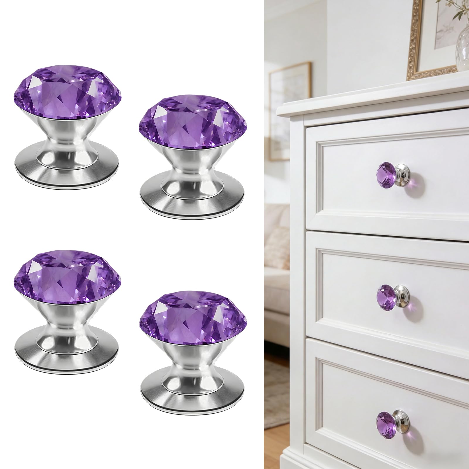 Elistonie 4 Pcs Crystal Self Adhesive Knobs Stick On Drawer Pulls Purple Crystal Knobs Drill Free Bling Peel and Stick Dresser Pulls for Mirror Cabinet Glass Medicine Cabinet Container Lid
