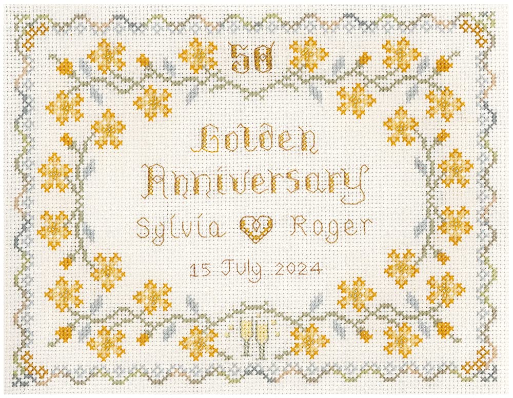 Golden Wedding Anniversary Sampler for 50 Years of Marriage - Complete Cross Stitch kit on 14 aida with Clear Colour Chart