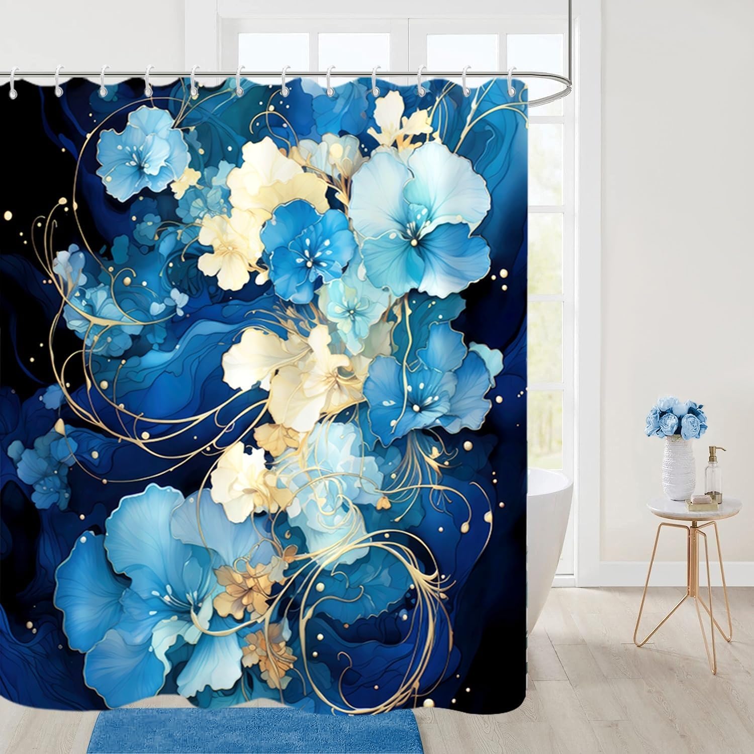 Blue Shower Curtain for Bathroom Teal Blue Yellow Flowers Shower Curtain Set with Hooks Abstract Blue Beige Bathtub Decor Waterproof Fabric Curtains 72x72inches
