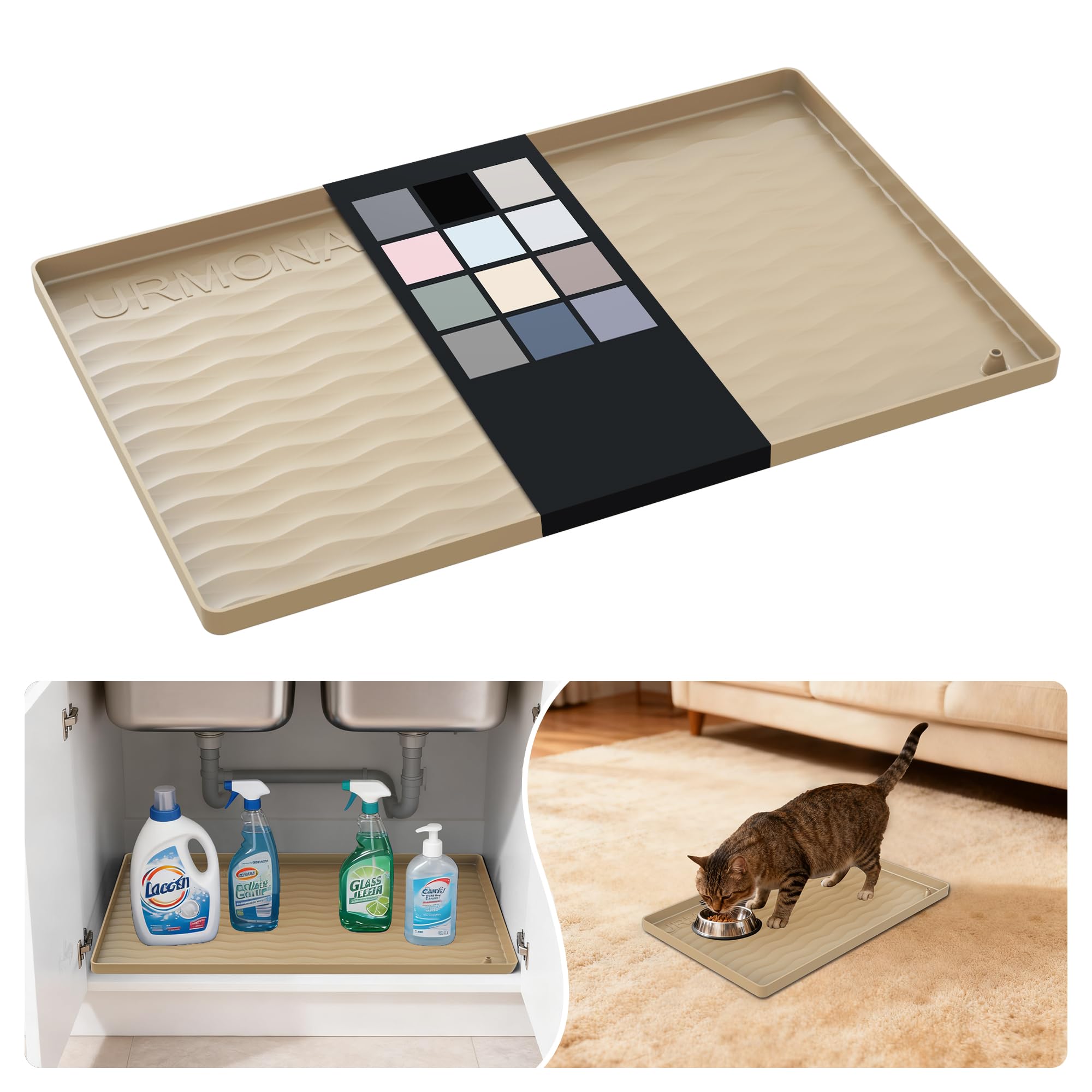 URMONA Waterproof Silicone Under Sink Mat, 16 x 10 in, Flexible Shelf Liner