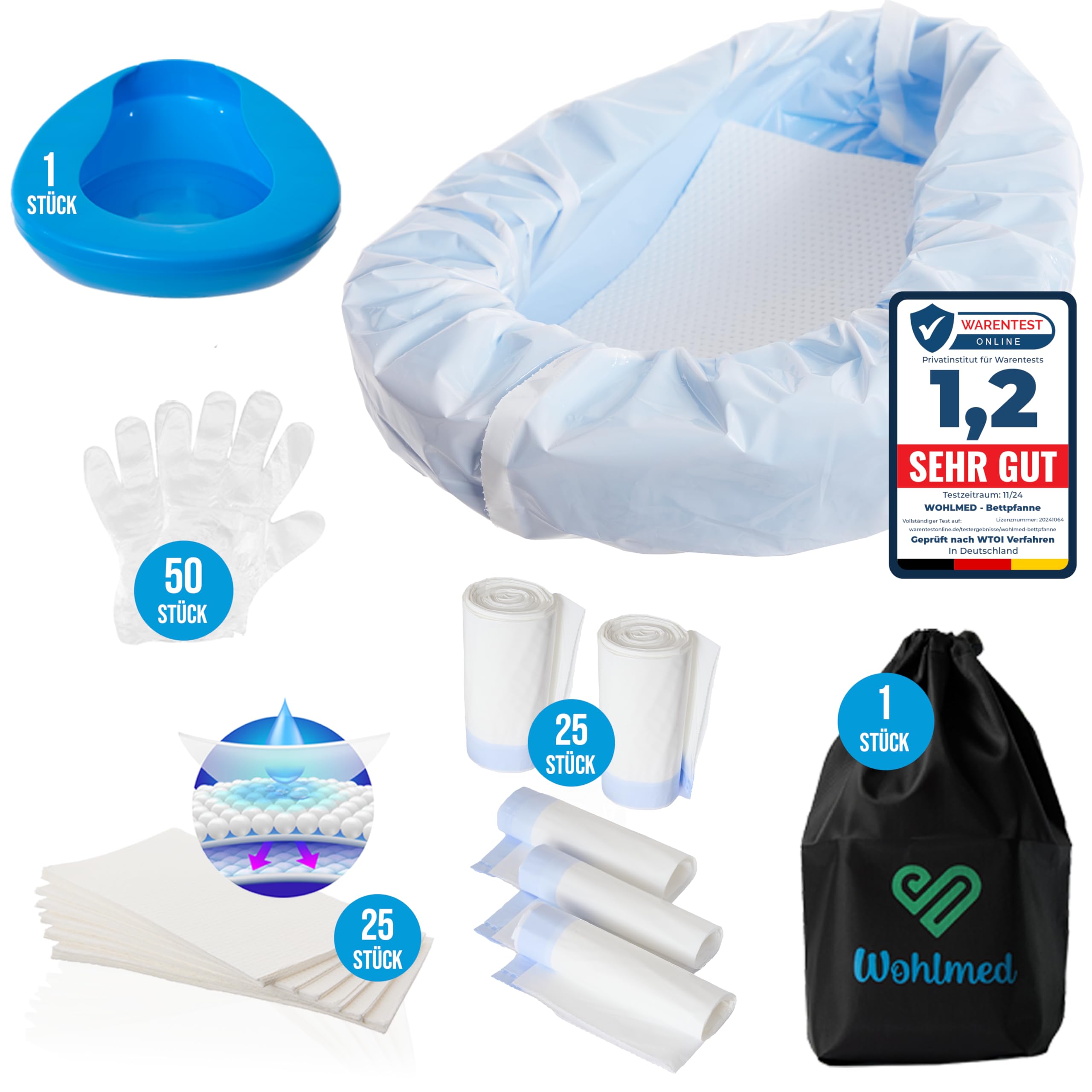 Padella extra comoda per donne e uomini, con 50 paia di guanti, 25 inserti assorbenti, 25 sacchetti usa e getta e custodia protettiva discreta, bordi arrotondati, a prova di odori e perdite