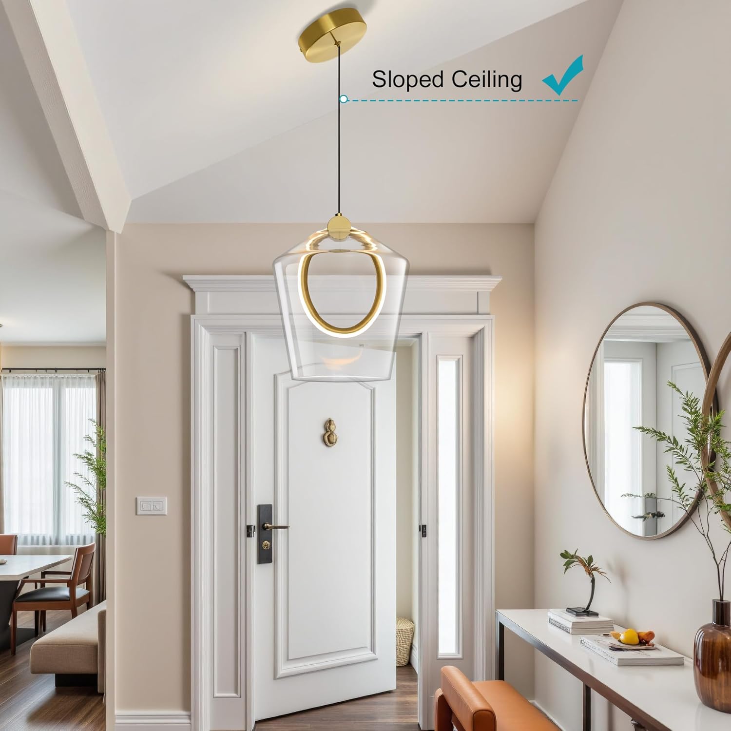 Modern Glass Pendant Lighting for Kitchen Island 1 Pack, Gold LED Pendant Light Fixtures 3000K, Dimmable, Adjustable Hanging Ceiling Light, Angled Clear Glass Shades 8 Inch, ETL Certified