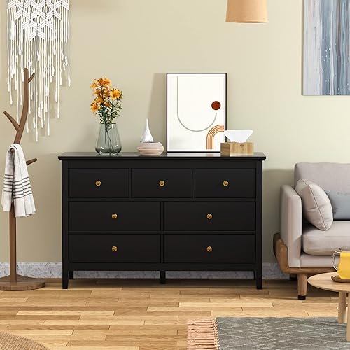 Miniatura 2 de CARPETNAL Cómoda negra para dormitorio cómoda de 7 cajones con cajón ancho y asas de metal cómoda de madera y cómoda para pasillo entrada