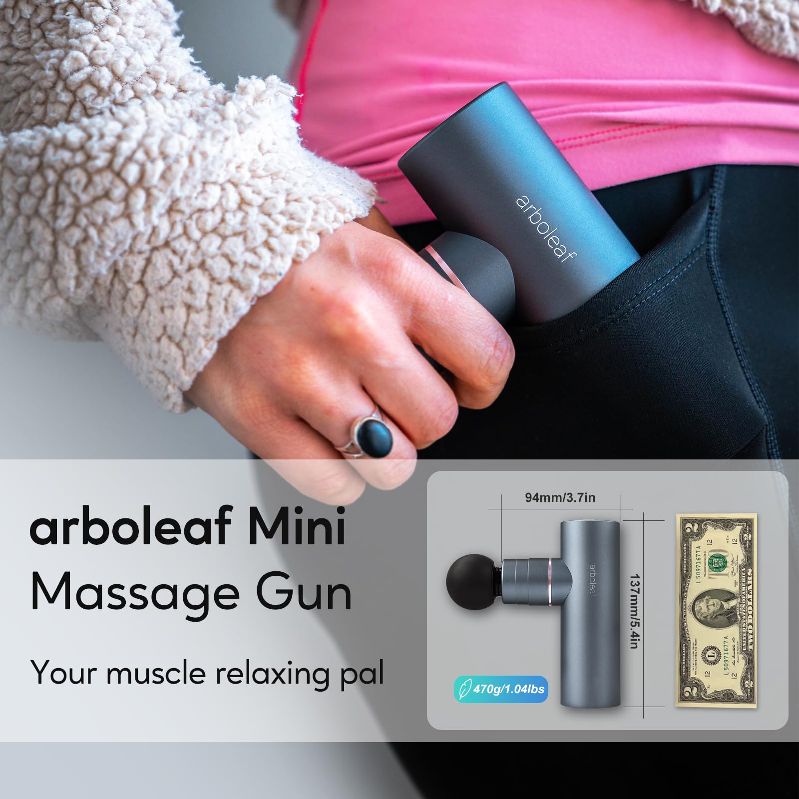 arboleaf Pistola Massaggio Muscolare Mini Pistola Massaggiante Pistola per Massaggio portatile 3200RPM con 4 Testine in Silicone Ricarica di Tipo-C con Borsa