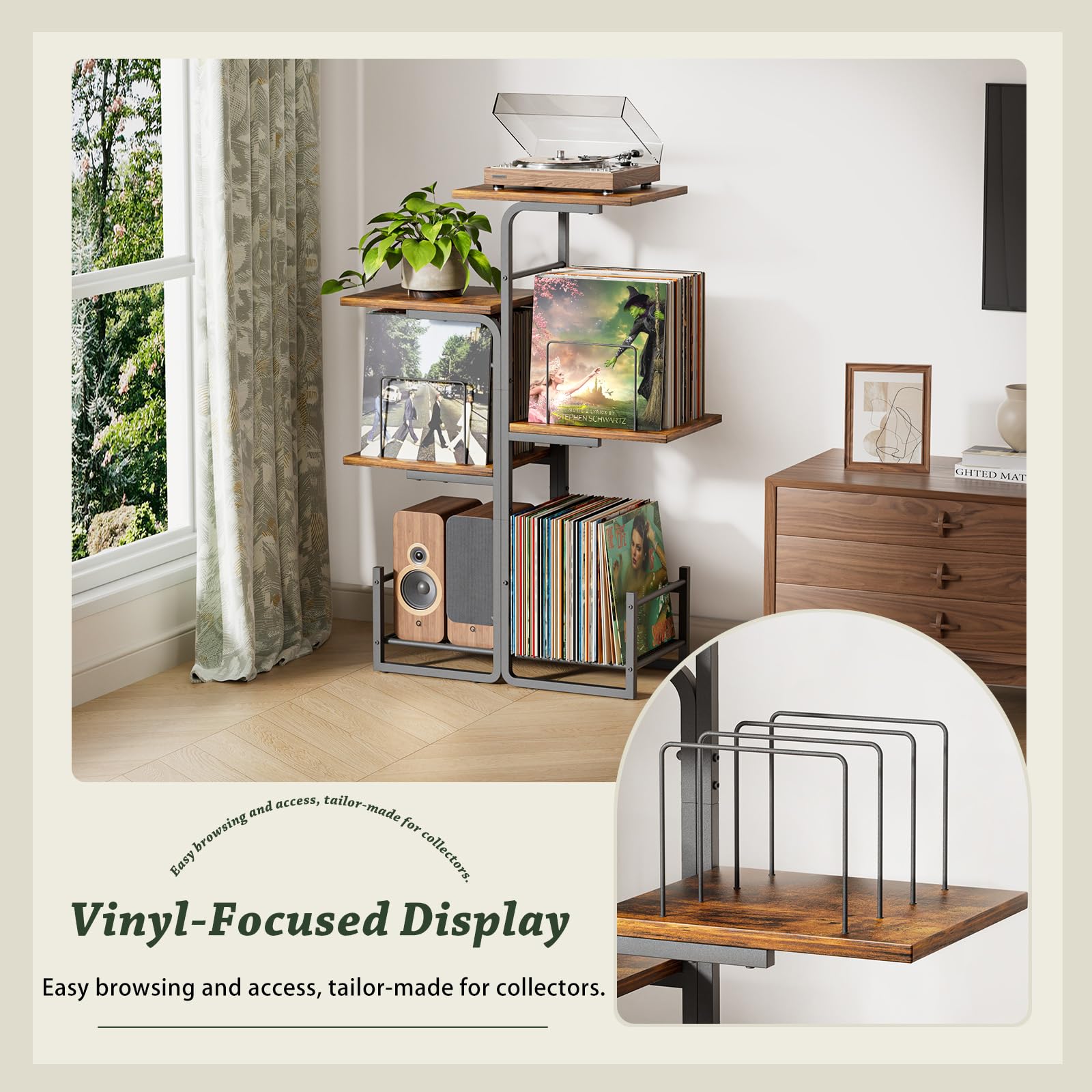 Bikoney Plattenspieler Ständer mit großem Vinyl Stauraum, Vintage Turntable Tisch mit LP Ablage & Schallplatten Display, Pflanzendesign Plattenschrank für Wohnzimmer, Schlafzimmer & kleine Räume