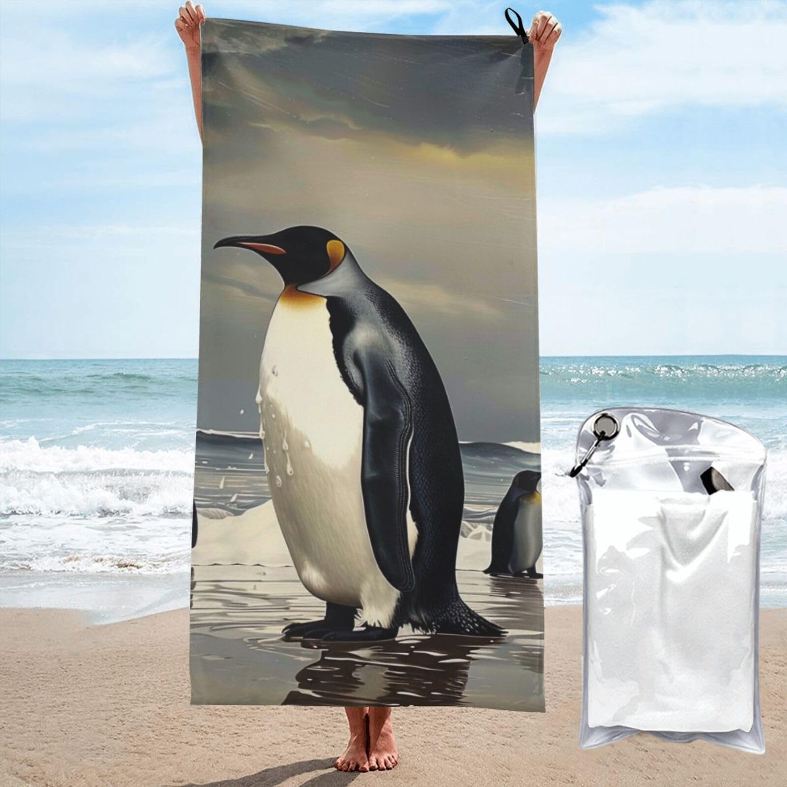 kkvhhyuo Microfiber Beach Towel, Penguin Printed Lightweight Quick Dry Travel Bath Sheet with Compact Carry Bag for Swimming Yoga Camping Gym,31.5"x63"