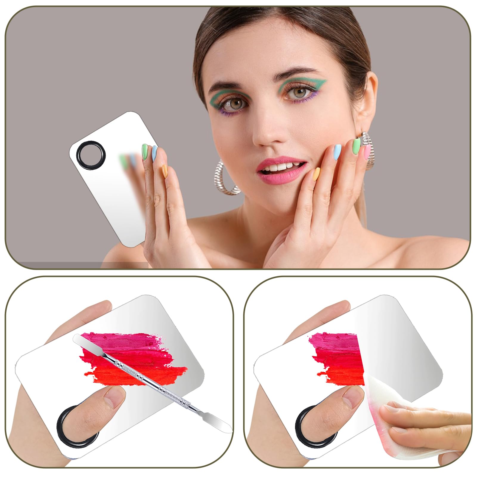 Paleta de mezcla de maquillaje, paleta de maquillaje de acero inoxidable con espátula, paleta de maquillaje profesional imprescindible para artistas de maquillaje, adecuada para mezclar base, 7