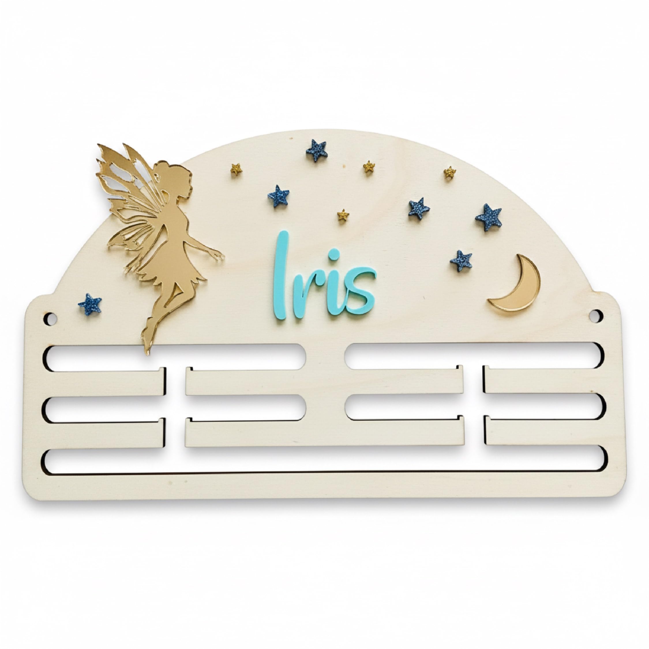 Genérico Ideas CAÓTICAS | Medallero Niña Personalizado con Nombre. De Madera. El Hada, la Luna, el Nombre y Las Estrellas Hechos en acrílico de Color a Elegir. Fabricado en España.