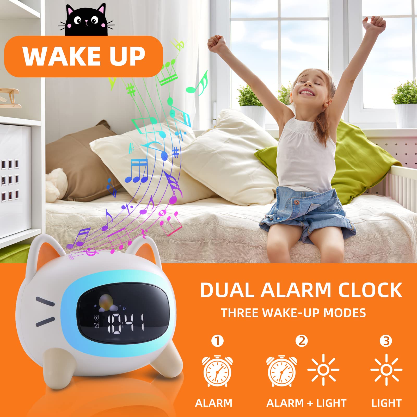 Réveil Enfant éducatif Jour/nuit Avec émojis - Veilleuse LED 5 Couleurs, Température, Musique, Snooze, Pour 2-10 Ans