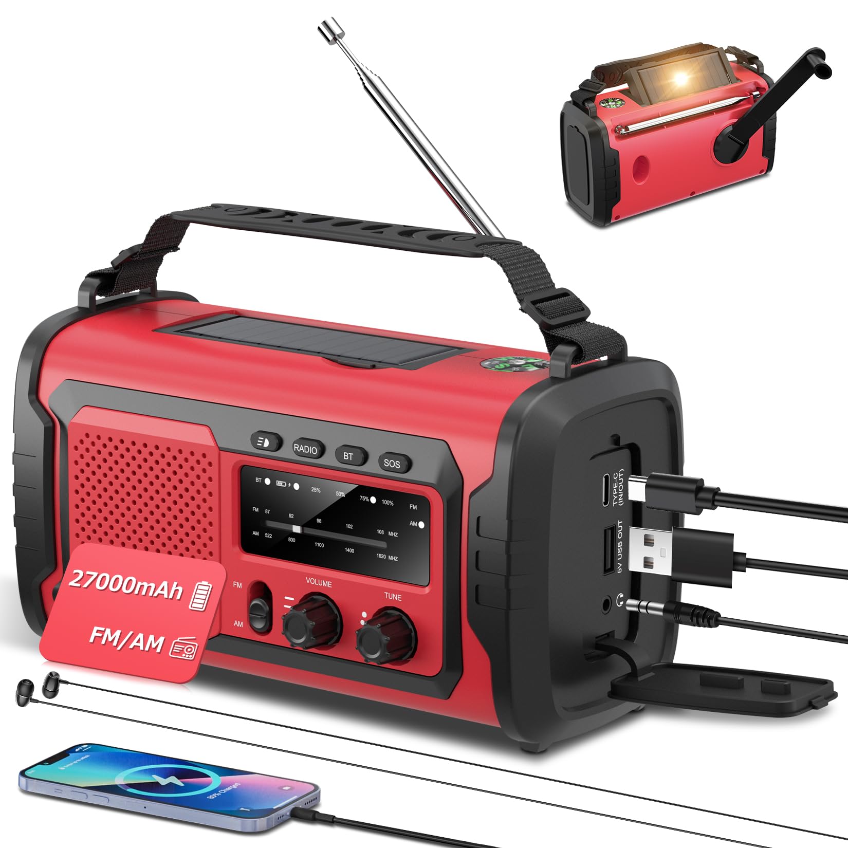 Kurbelradio 27000mAh, Notfallradio Solar Kurbel FM/AM Mit Bluetooth, SOS Alarm Emergency Radio, Kurbel Radio Mit Drahtlosen Lautsprechern und Kopfhöreranschluss (Armeegrün)