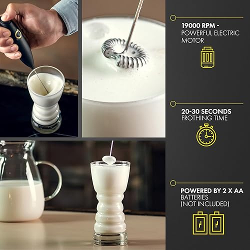 Miniatura 4 de Espumador de leche negro mate  Espumador de café de mano con batidor eléctrico  19000 rpm  Recetas de libros y soporte de acero inoxidable incluido