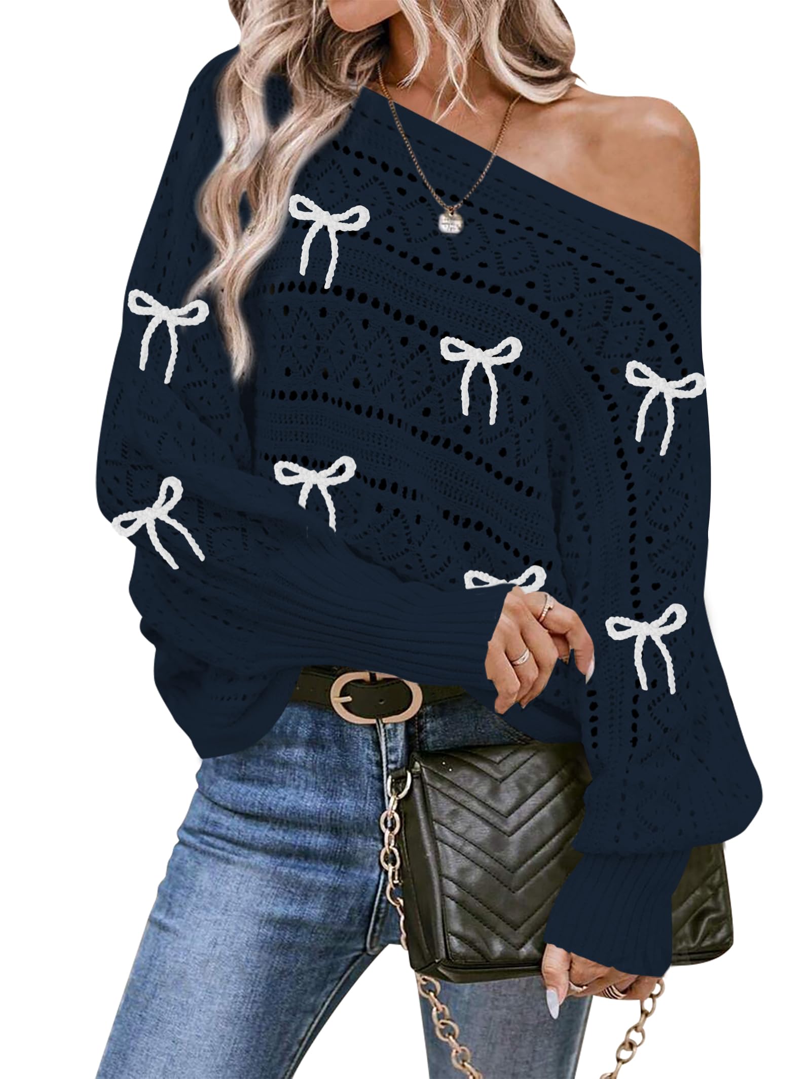 Cakulo Womens Off Shoulder Sweater Top Fall Outfits 2025 Oversized Knit Batwing Long Sleeve Crochet Sweaters Bow Navy Blue L