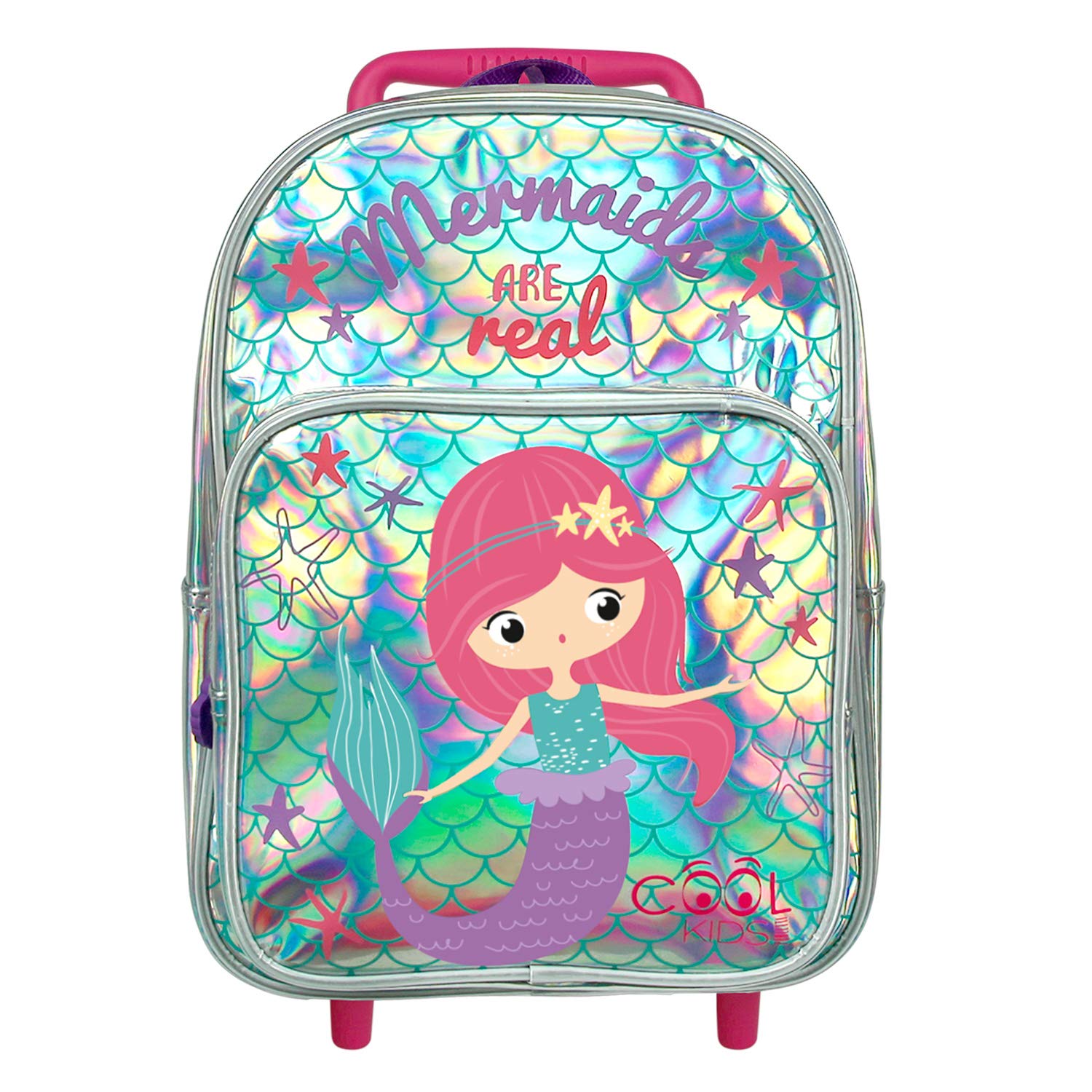 PERLETTI Petit Sac à Dos Roulette Sirène pour Fillette 2/5 Ans - avec Roues Amovibles - pour École Maternelle avec Grande Poche - 36x26x15 cm, Argent