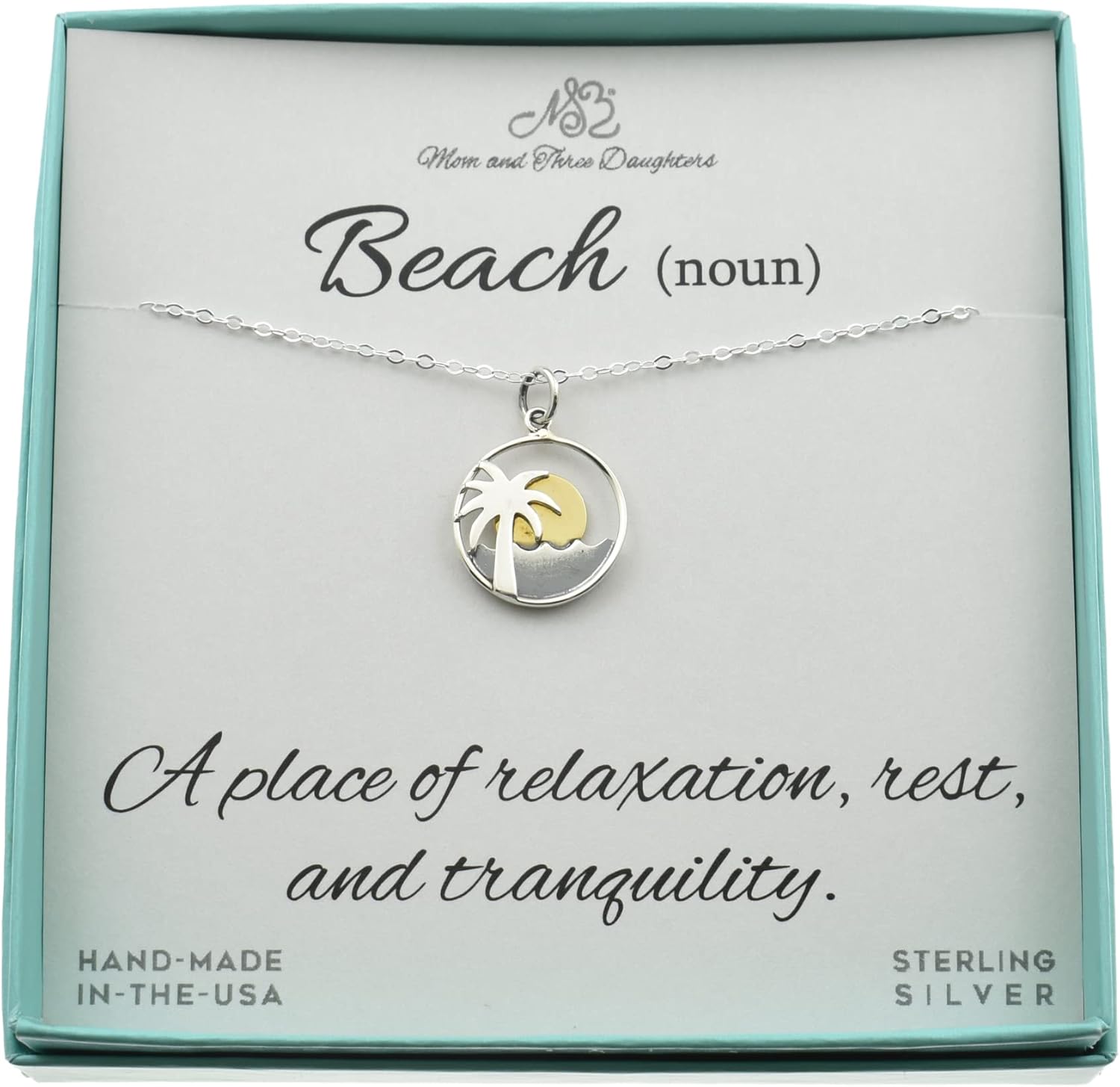 MOM & THREE DAUGHTERS Beach Necklace | Palm Tree, Sun, and Ocean Waves Charm | Sterling Silver and Bronze | 18" Chain | Beach Gift for Women