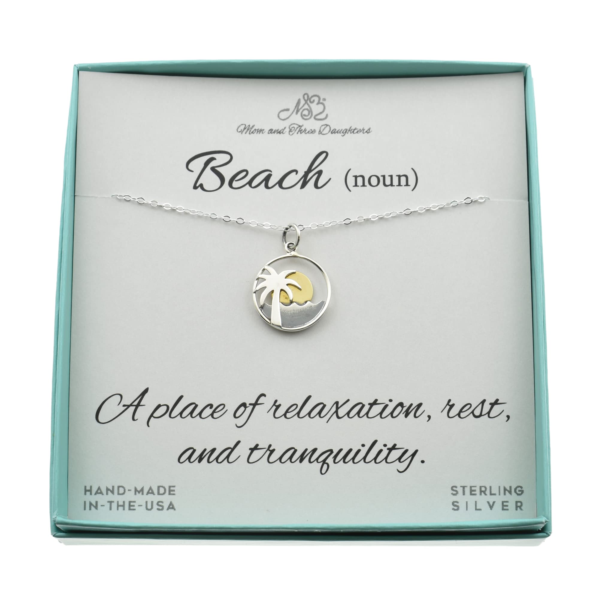 MOM & THREE DAUGHTERS Beach Necklace | Palm Tree, Sun, and Ocean Waves Charm | Sterling Silver and Bronze | 18" Chain | Beach Gift for Women