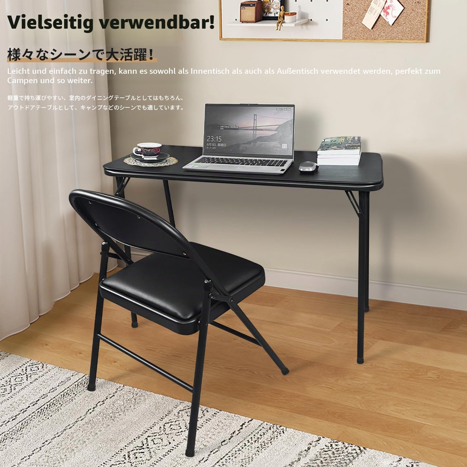 BOOSDEN Klapptisch und Klappstuhl, Schmal Schreibtisch mit Stuhle, Essgruppe, Klapptisch 46.5X97X70cm, Schwarz