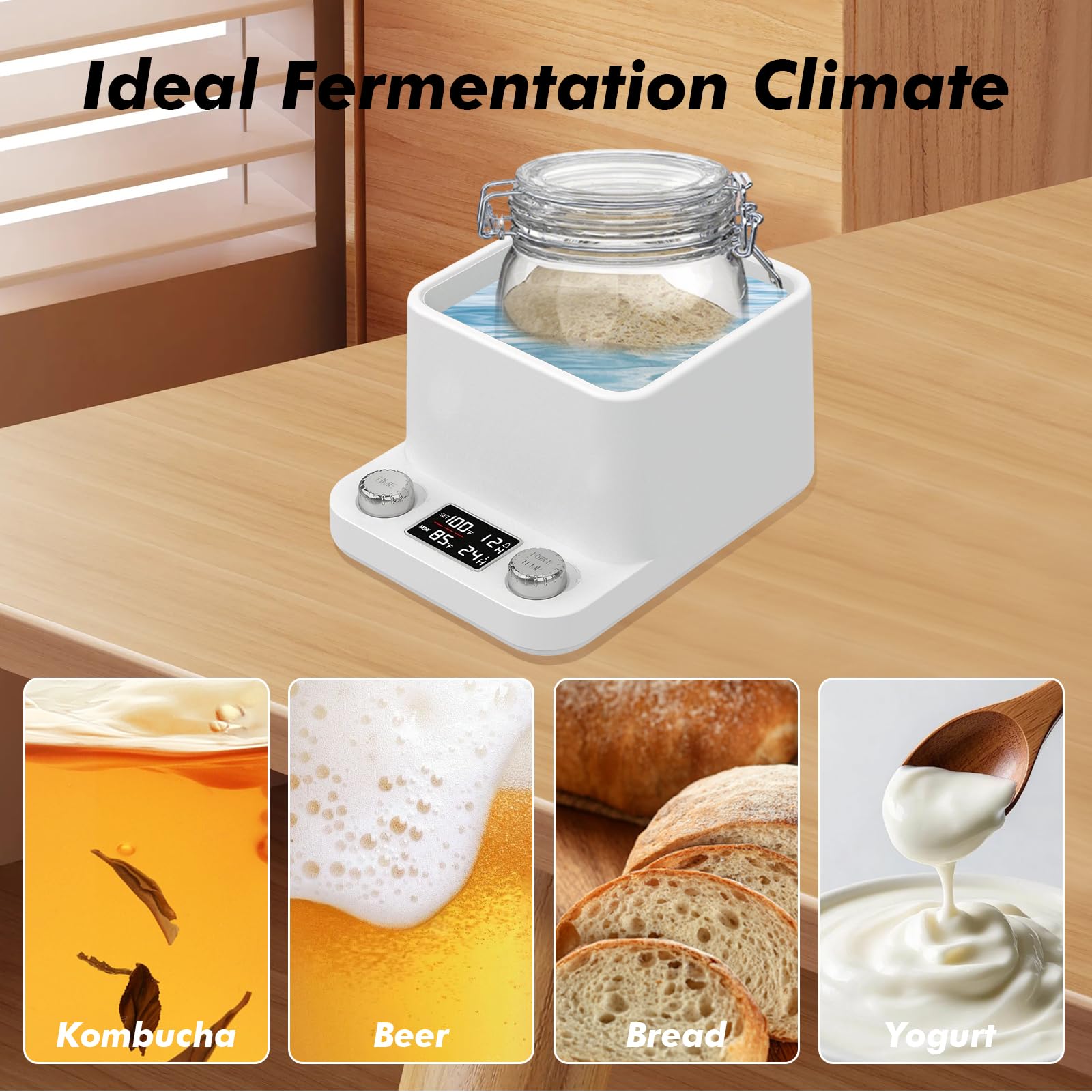 Calentador de Masa Madre con Baño María 360°, Control Preciso de Temperatura de 1°C (21-40°C), Temporizador 198H y Recordatorio de Alimentación – Caja de Fermentación para Masa Madre, Yogur, Kombucha