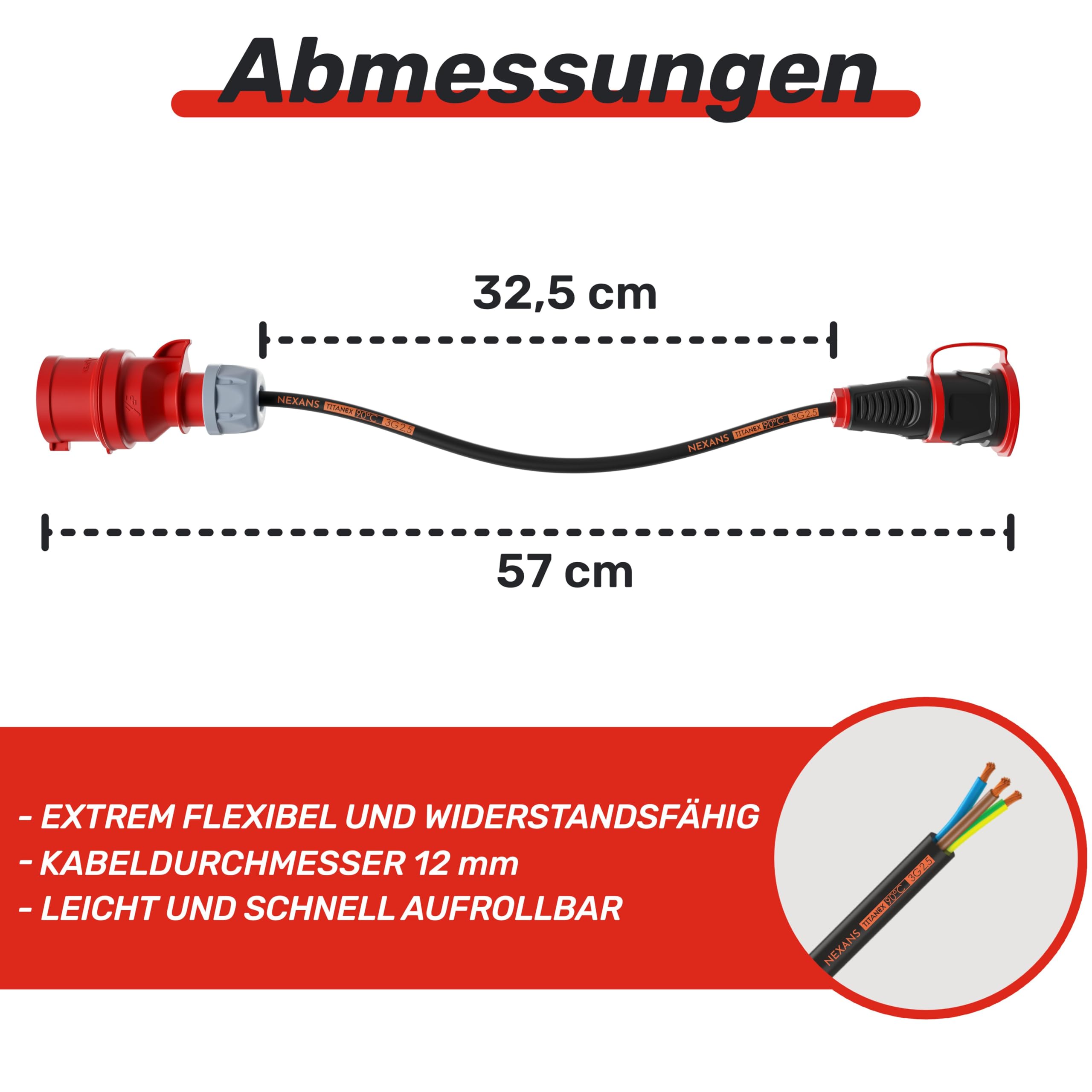 Adaptateur NWP 16 A 400 V vers prise Schuko 230 V IP44 3 x 2,5 mm² Câble en caoutchouc