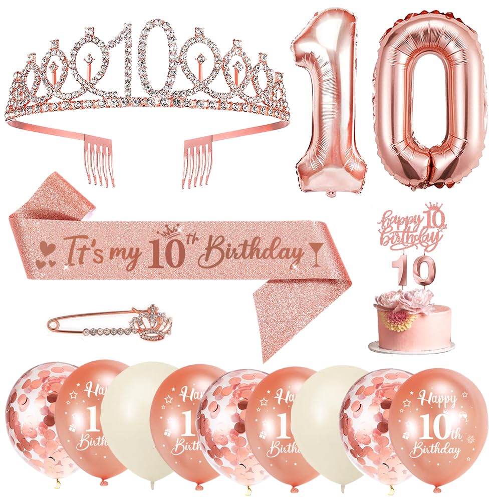10 Anni Decorazioni Compleanno Ragazze, 10° Fusciacca e Diadema Oro Rosa Compleanno, Happy Birthday Cake Topper, Candele di Compleanno Numero e Palloncini, Regalo Ragazza 10 Anni