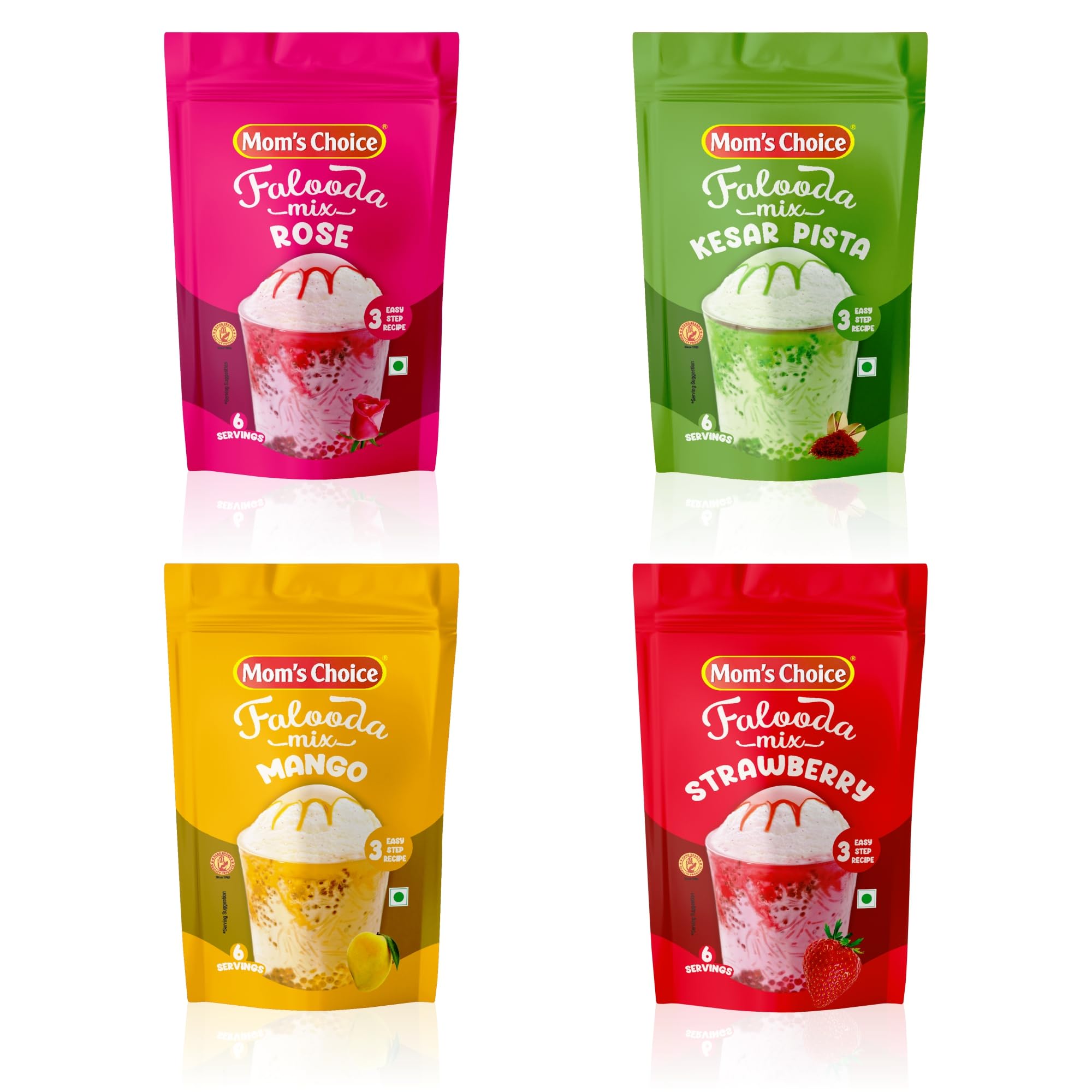 Mom's Choice Instant Falooda Mix – Rose, Kesar Pista, Mango & Strawberry Flavours – Pack of 4 (200g Each) | Dessert Drink Mix