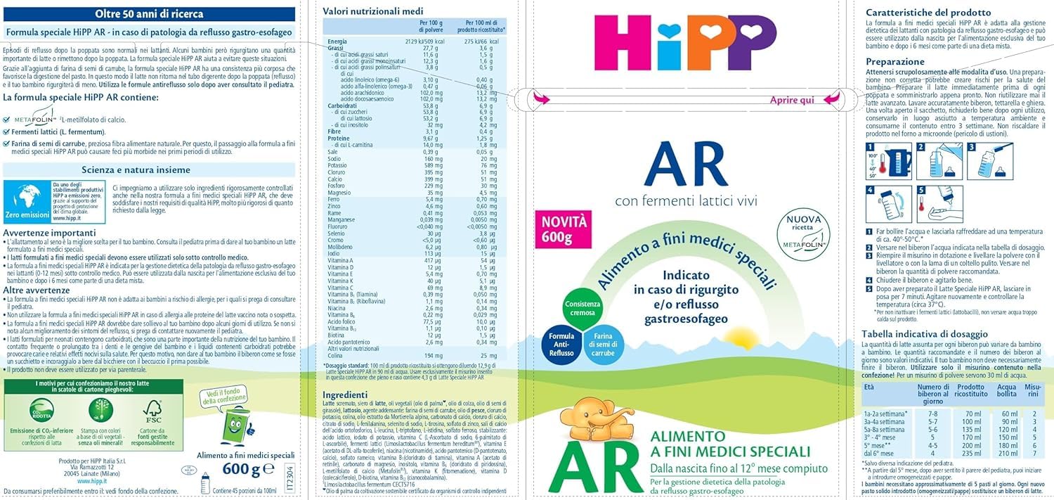 HiPP Latte AR in Polvere, Anti-Reflusso, dalla Nascita Fino AI 12 Mese, Latte in Polvere, 4 Confezioni da 600 gr, Neonato, Latte in Polvere per Neonati