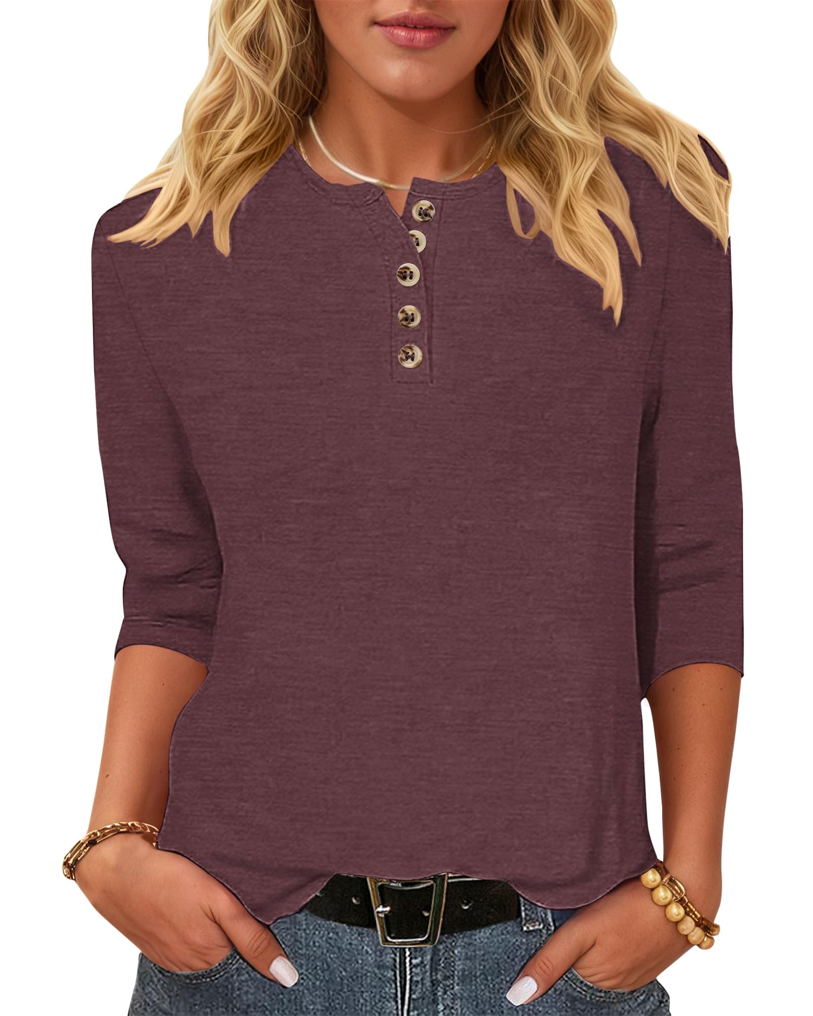 WNEEDU T-Shirt Damen 3/4 Arm Bluse - Henley Shirt Rundhals Tshirt Leichte Pullover Lässig Tops Basic Ganzjahres Oberteile mit Knöpfe