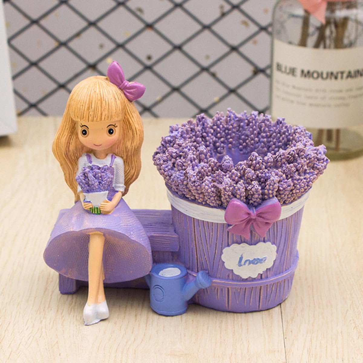 BESTYASH Portalápices de Resina Lavanda para Escritorio, 2 Piezas | Figura Creativa, Estilo Abrazo Flor y Sonrisa Guiñada, Adorno de Mesa, Paquete Doble