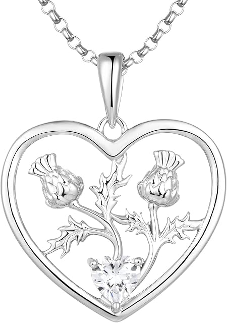 JO WISDOM Scottish Thistle Heart Necklace,925 Sterling Silver Celtic Scotland Flower Outlander Pendant Necklace Jewelry for Women