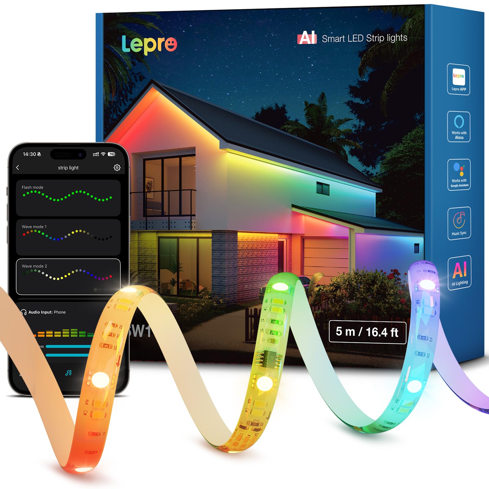 Lepro AI Smart LED Strip SW1, 5m, RGBCW, IP65, für außen, Musik-Sync, WLAN | KI-Lichtdesigner und Foto-zu-Licht erzeugen persönliche Farben; IP65 schützt den 5m LED Strip im Außenbereich; im Alltag.