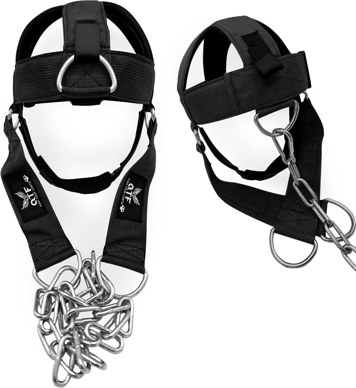 QTF Neck Harness Weight Lifting Training, Neck Builder Thick Neoprene Padded Adjustable Chin & Head Strap, Neck Workout Head Harness Heavy Duty Steel Chain