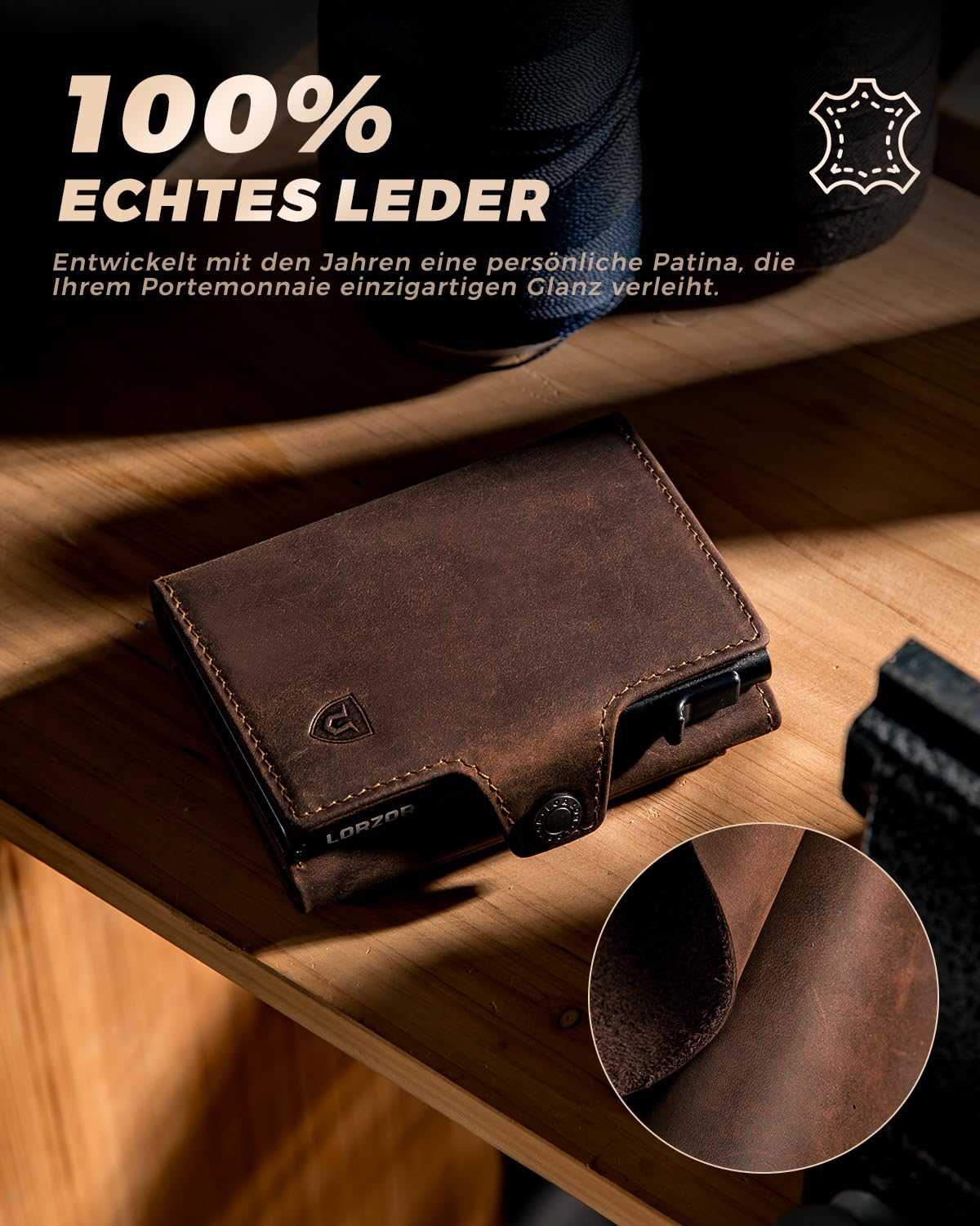LORZOR Slim Wallet mit XXL-Münzfach für 10+ Münzen, Kartenetui Herren RFID Schutz, Echtleder Portmonee, Geldbörse Herren, Geldbeutel, Brieftasche, Smart Wallet, Kreditkartenetui für 10 Karten