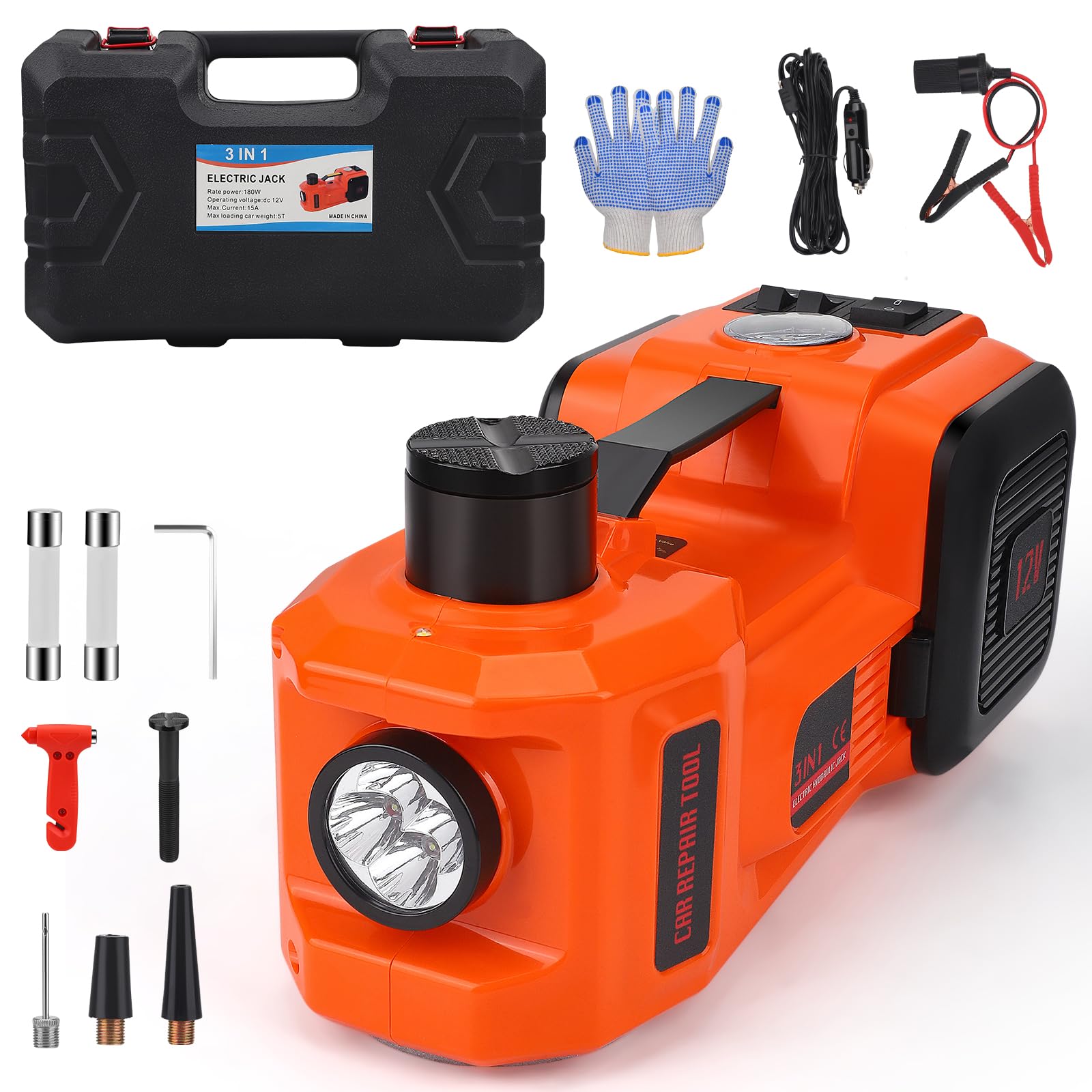 Cric Électrique 5T 12V Hydraulique, Portée de Levage 15–54 cm, Outil Portable pour Voiture/SUV/Camion, Changement de Pneu d'urgence et Réparation de Garage