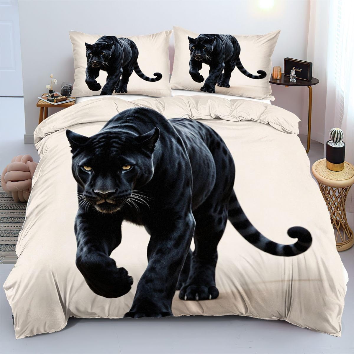 Housse de couette panthère noire 140x200 cm anti rides avec zip caché