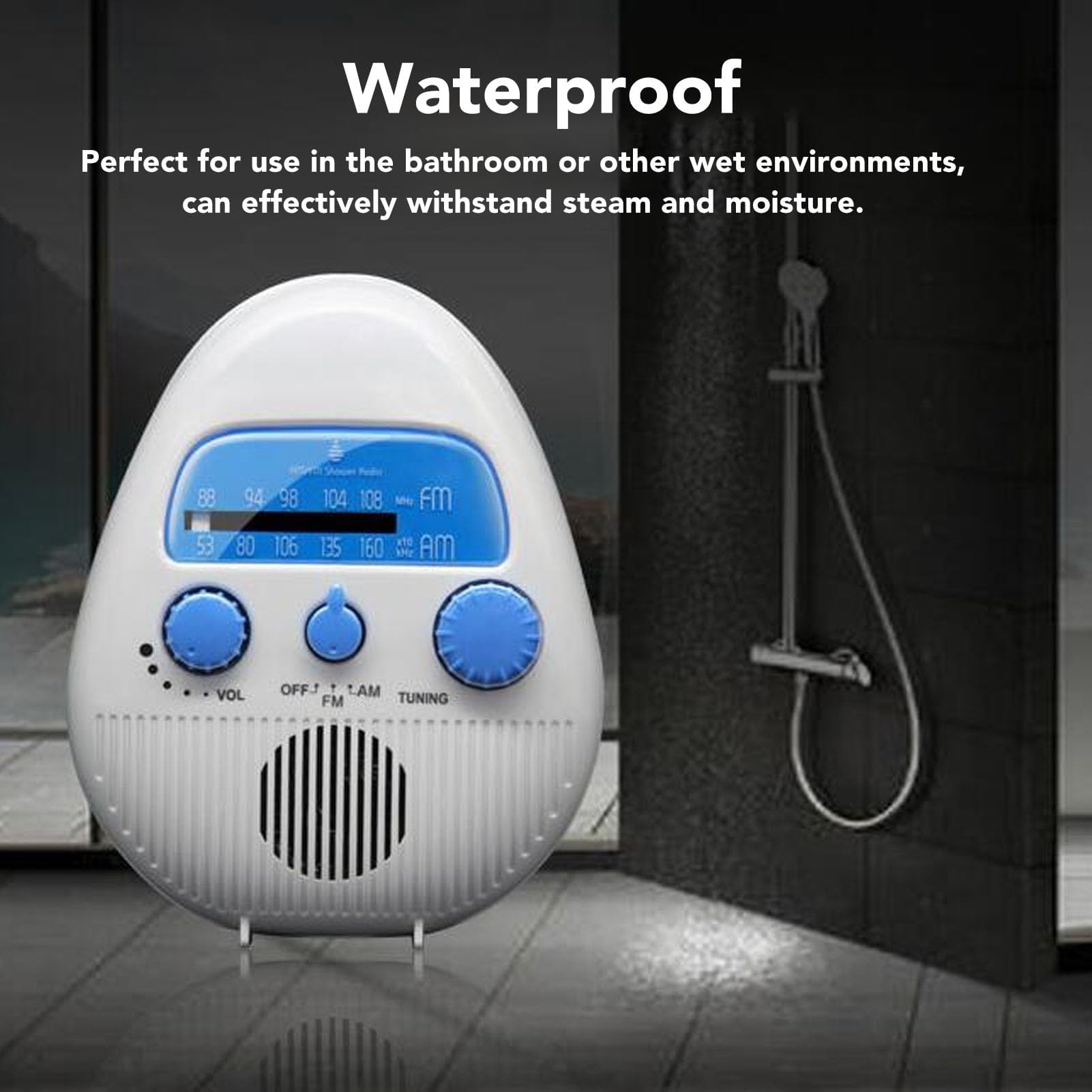 Dpofirs Radio de Douche Portable AM/FM, Radio de Douche Suspendue Étanche, Volume Réglable, Radios de Douche à Piles pour Salle de Bain, Cuisine, Extérieur