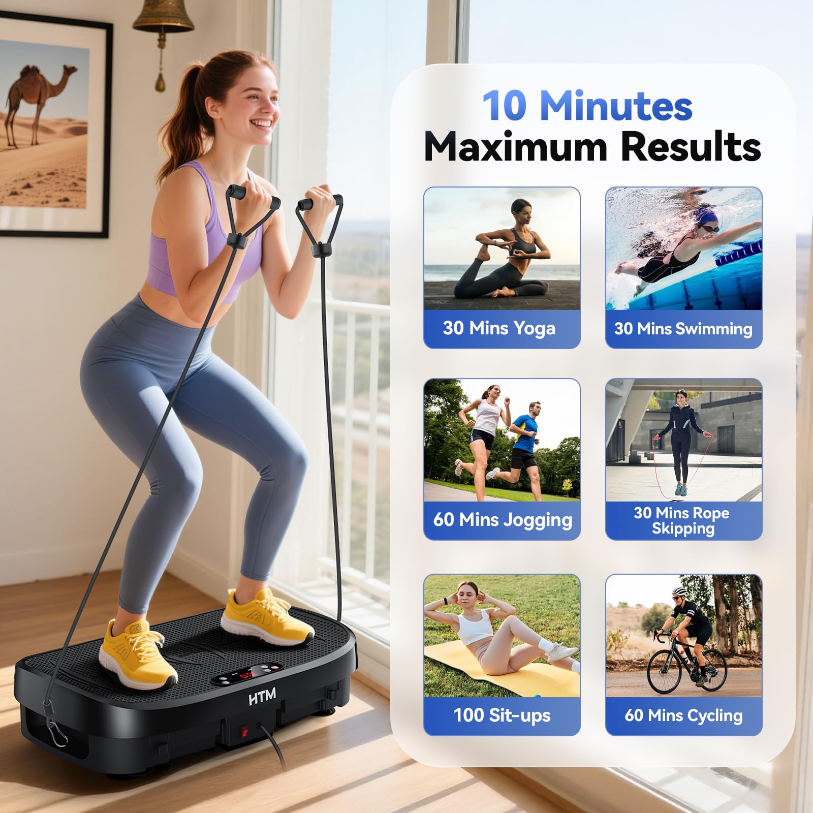 HTM Vibrationsplatte Fitnessgerät Gebogene, Ganzkörper Rüttelplatte Mit 150W Motor, Widerstandsbändern, Belastbar Bis 330 Pfund, 120 Geschwindigkeitsstufen, Leiser Vibrationsplate mit Fernbedienung