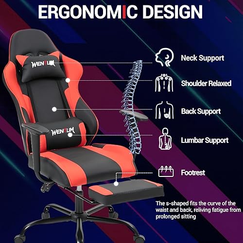 Miniatura 4 de Silla de videojuegos, silla de videojuegos con reposapiés, silla de computadora de masaje con piel sintética, soporte lumbar para hombres y mujeres,
