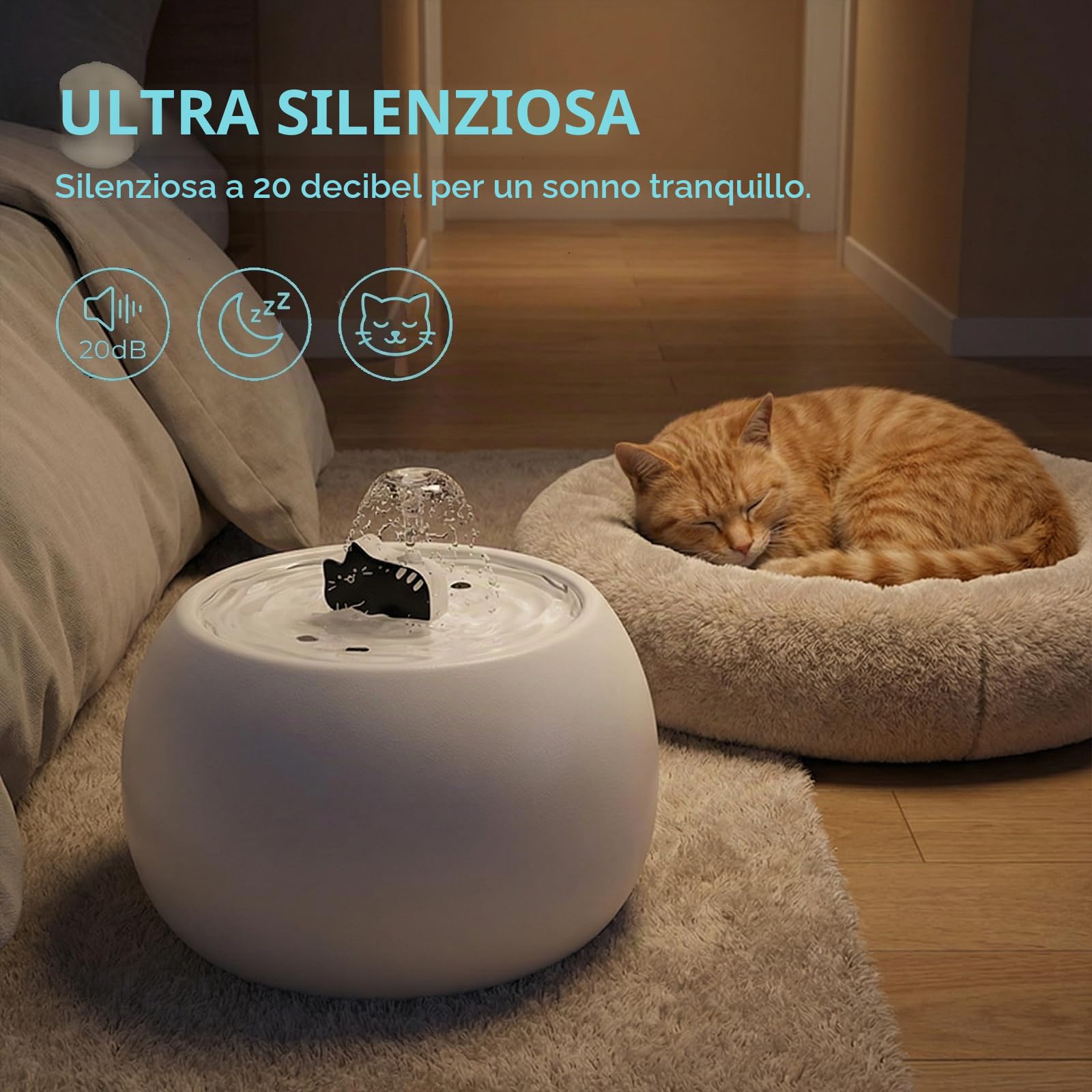 Fontanella per Gatti in Ceramica Carino, 1L Distributore d'Acqua per Gattis, Fontanella per Gani con Sistema di Filtraggio a 5 Stadi, Distributore automatico Ultra Silenziosa per Gatti e Cani