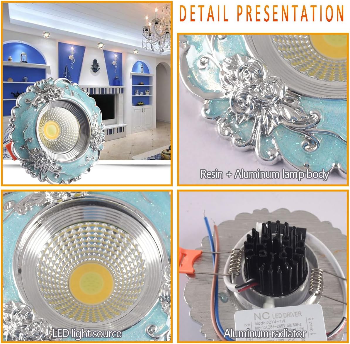3CCT Dimmable 4.3 Inch LED Recessed Downlight in Blue Resin, Mediterranean Style with 30° Adjustable Angle and Baffle Trim,4 Pack Ceiling Lighting,led can Lights
