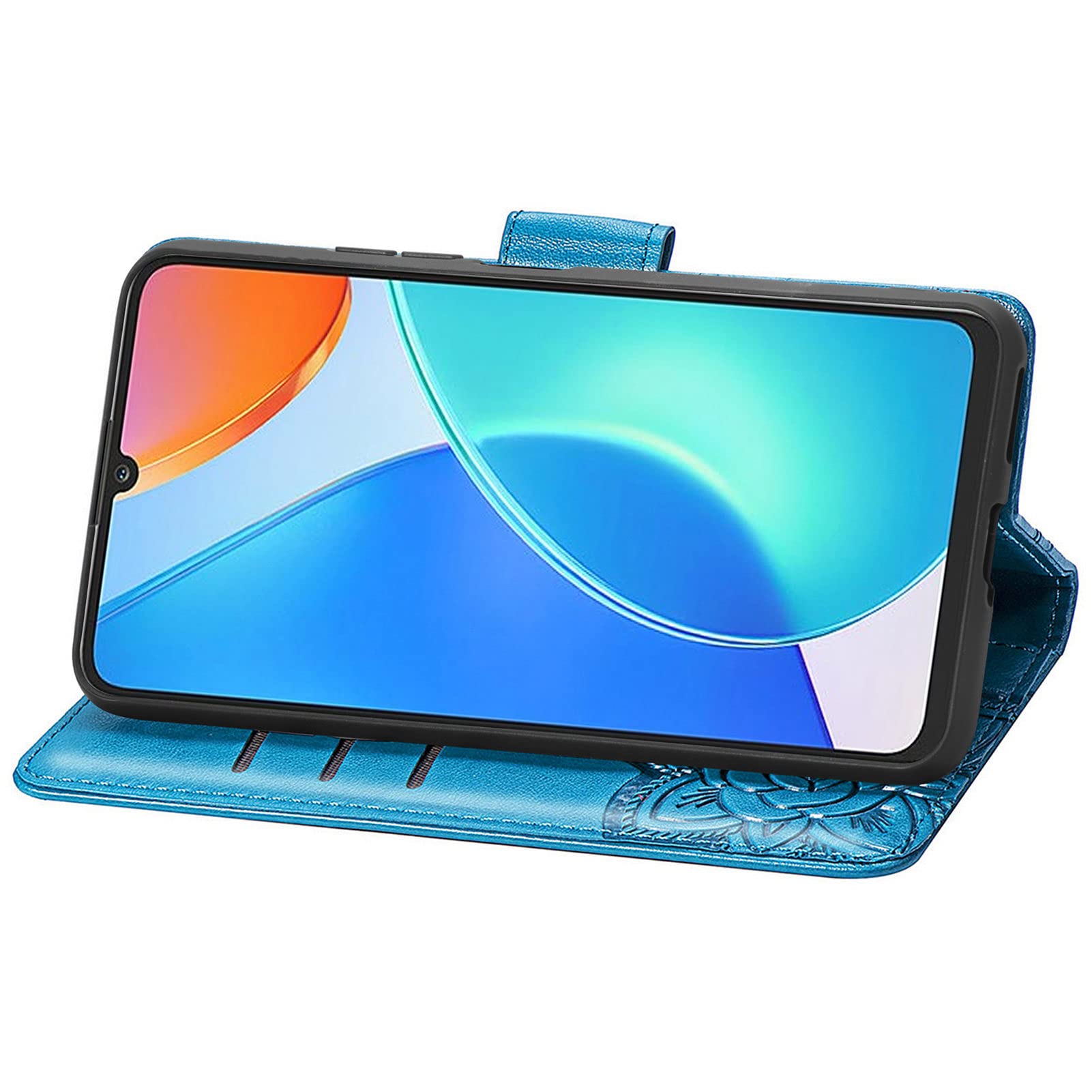 MOJIA Custodia Portafoglio Per Honor X7 Con Farfalla 3D – Cover Flip In PU E TPU, Magnetica, 3 Slot Carte E Supporto, Blu