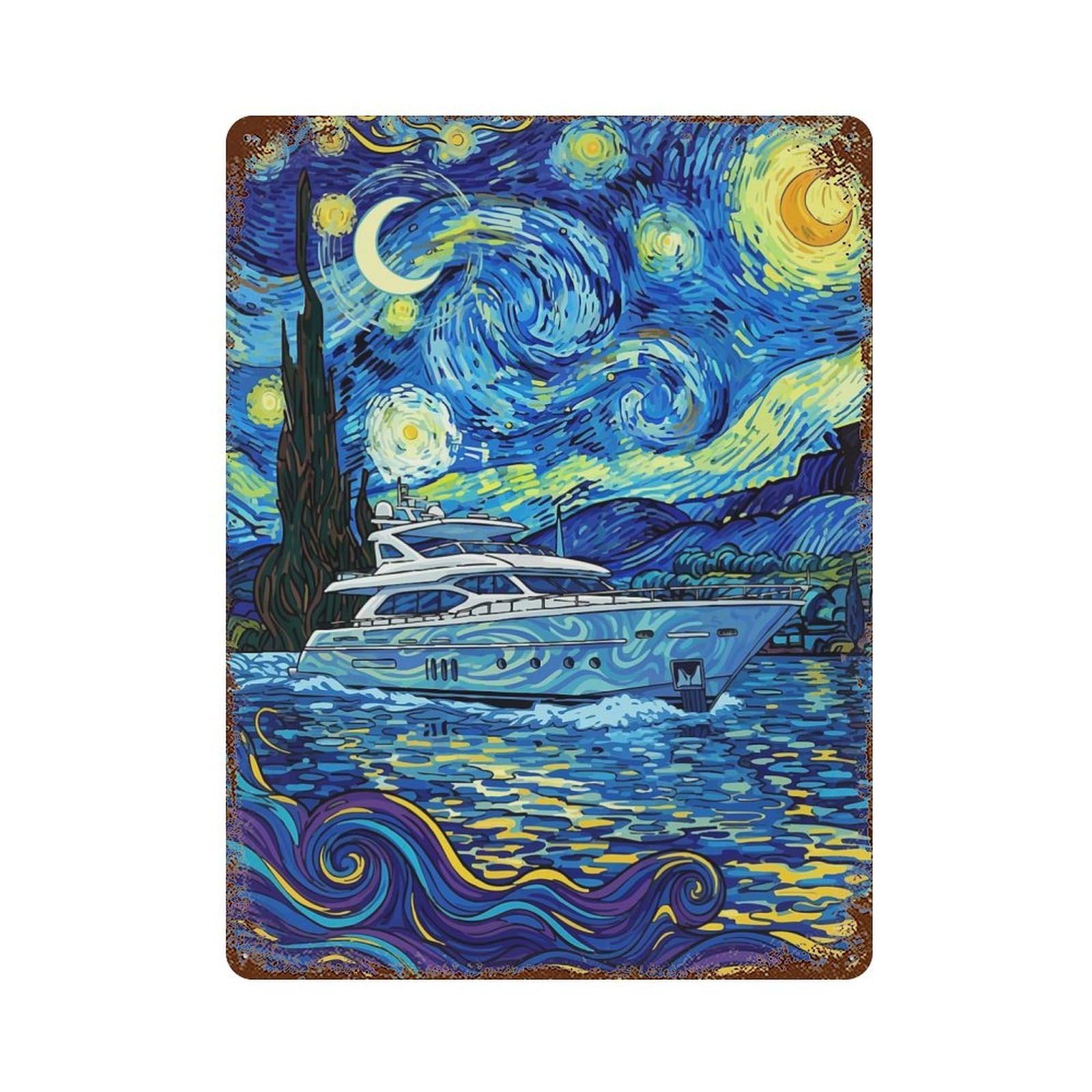 Yacht Under Starry Night Sky Decorative Tin Sign 15.7"x11.8", Vintage Wall Decor for Basement, Hobby Room And Garage Decor