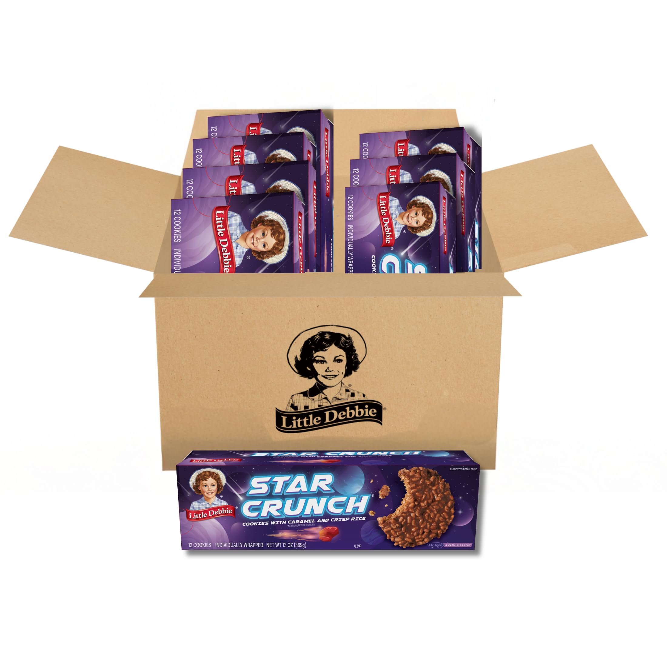 Star Crunch Cosmic Cookies, A soft, chewy cookie topped with caramel and crispy rice and coated with fudge (8 boxes), Brown