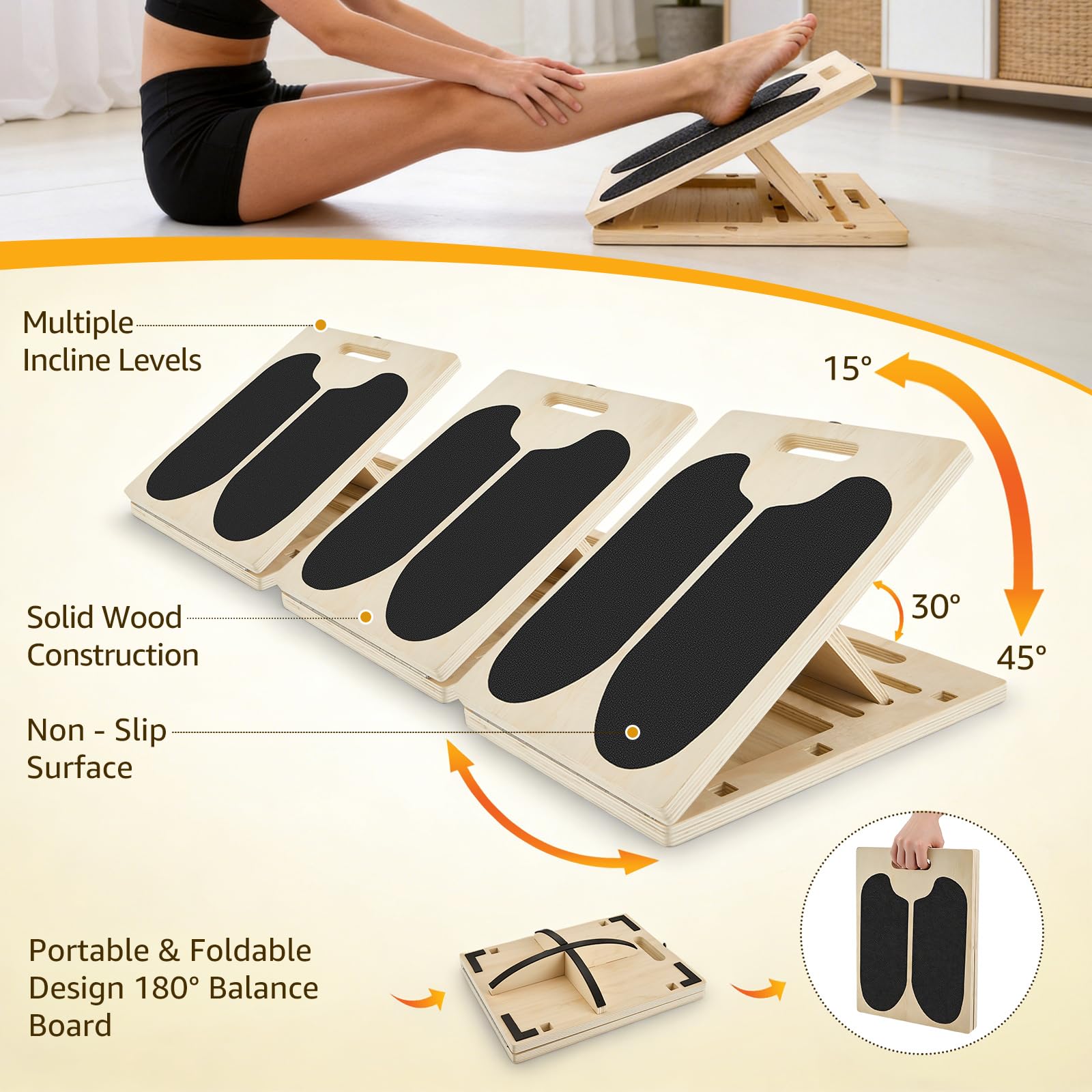 Balance Board 3-in-1 in Legno Portatile, Angoli Regolabili, Maniglia