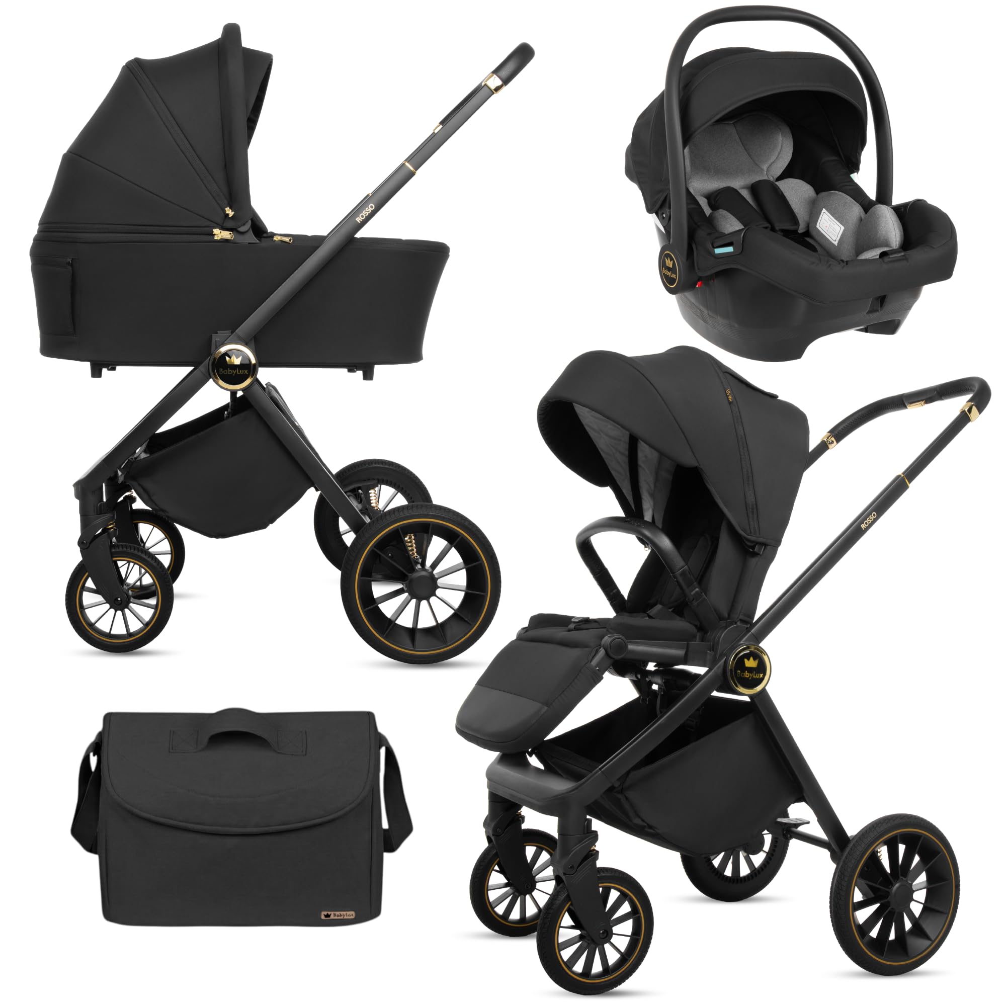 BabyLux Poussette 3en1 Set Rosse, Pliable Léger Poussettes Combinées Baignoire Bébé, Buggy Siège Sport, Coque Bébé I-Size, 4 Positions Couchage, 0-22kg