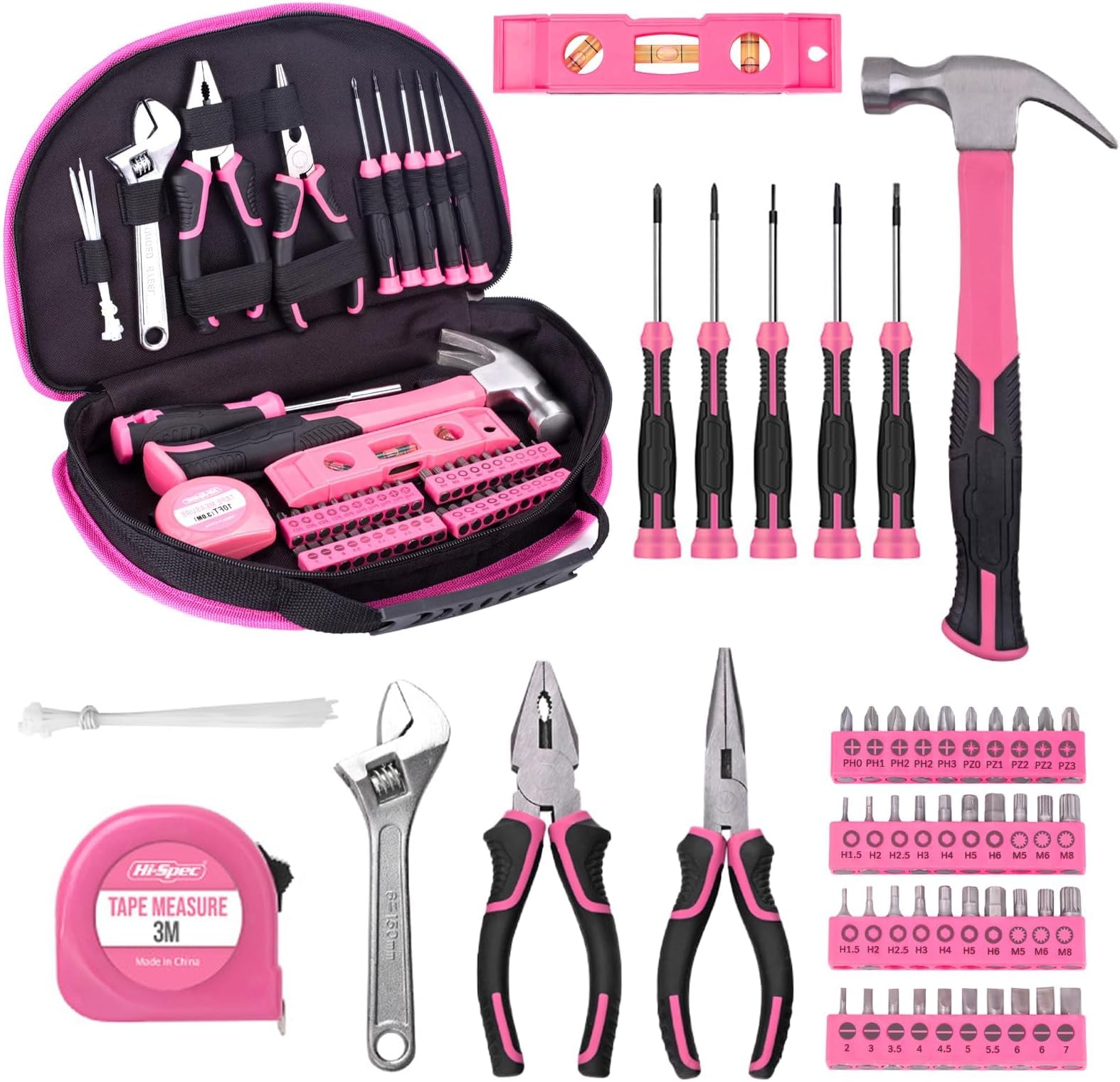 63 Piece Pink Women's Tool Set with Portable Bag – Complete Household & Garage Repair Kit Including Screwdrivers, Pliers, Wrenches for Home, Office, College Dorm, DIY and Automotive Use