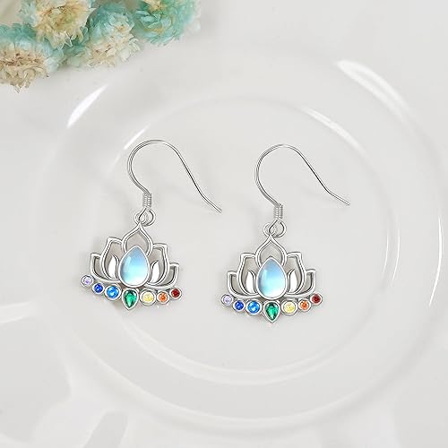 Miniatura 2 de ONEFINITY Aretes de loto de chakras de plata de ley 925 con diseño de loto y chakra, joyería de yoga para mujer, Plata de ley, Piedra de luna
