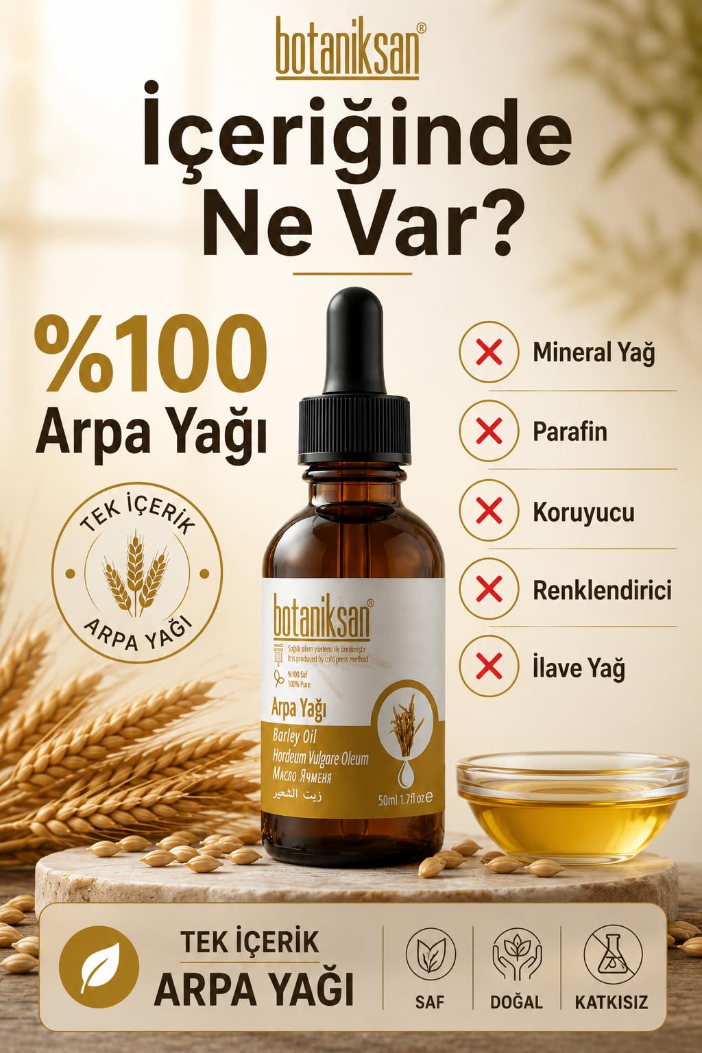 Botaniksan Arpa Yağı 50ML Soğuk Sıkım, Saf, Doğal, Katkısız