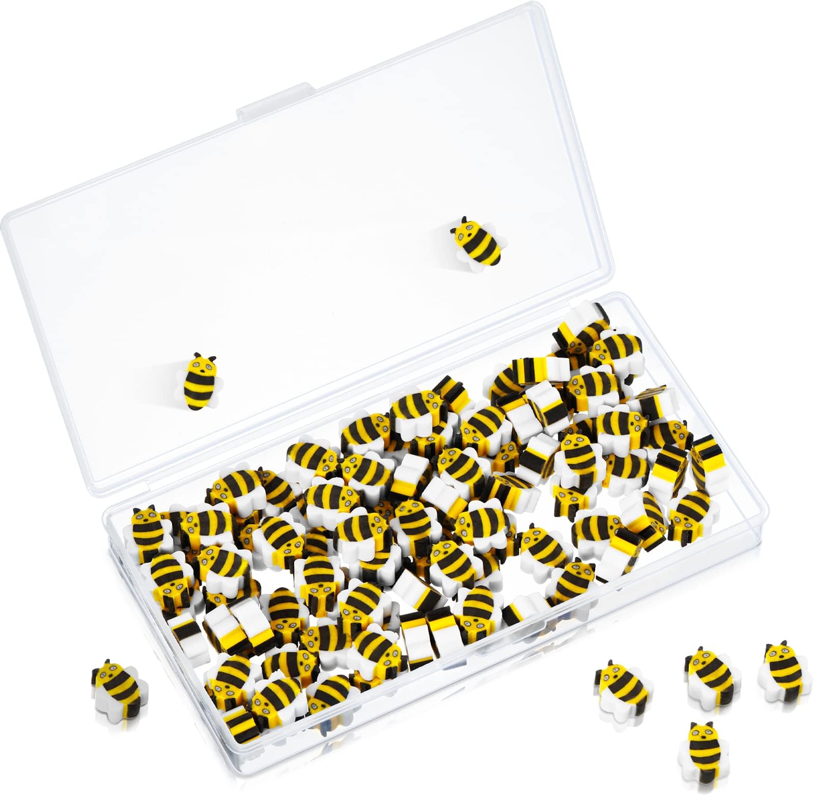 100 Pieces Mini Pencil Erasers Erasers Pack Mini Erasers Assortment Novelty Sea Erasers Mini Pencil Erasers with Storage Box for Party Favor, Gift Filling, Home School Work Reward (Bee Style)