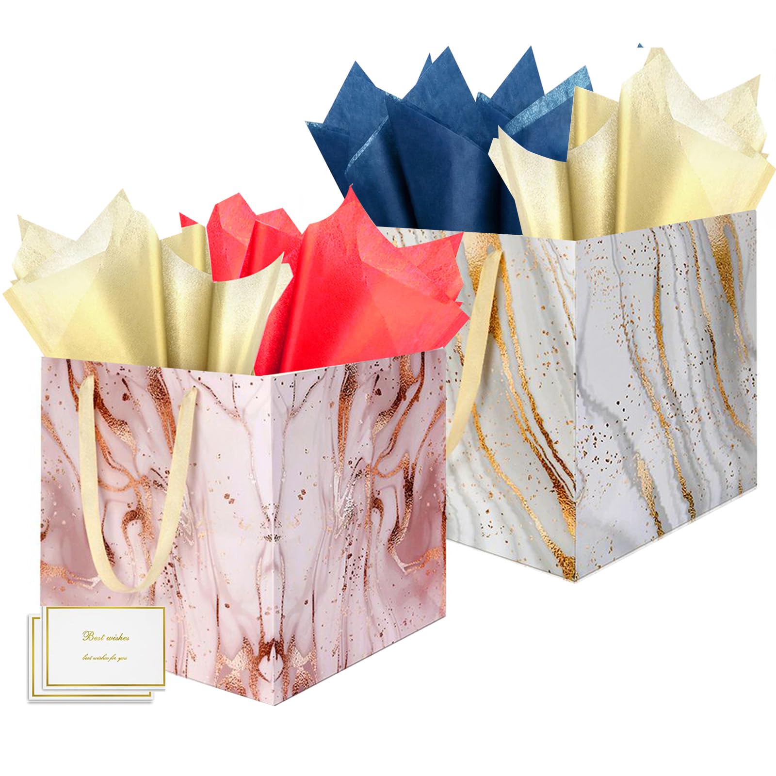 THXIY 2PCS 11.8'' Square Gift Bag, 30cm Extra Large Gift Bag Bags with Gold Edges, Presents Big Paper Bag with Tissue Paper Cards, Wedding Birthday Party Present Bridesmaid Gift Gifts Bag (V)